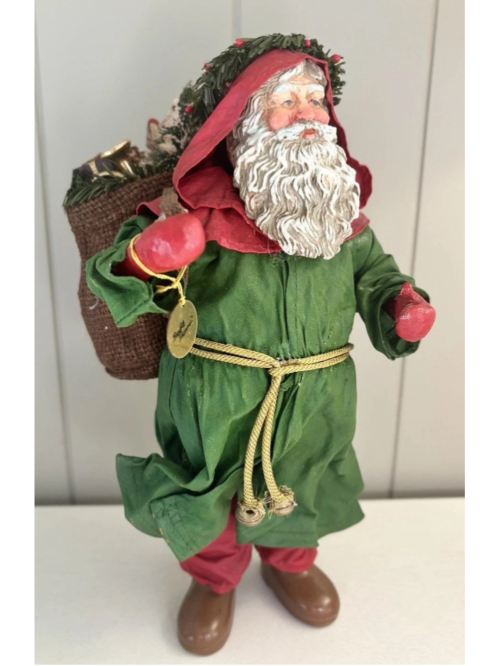 Clothique Possible Dreams Santa 10" Green Cloak Red Bag of Toys Vtg Old World 90